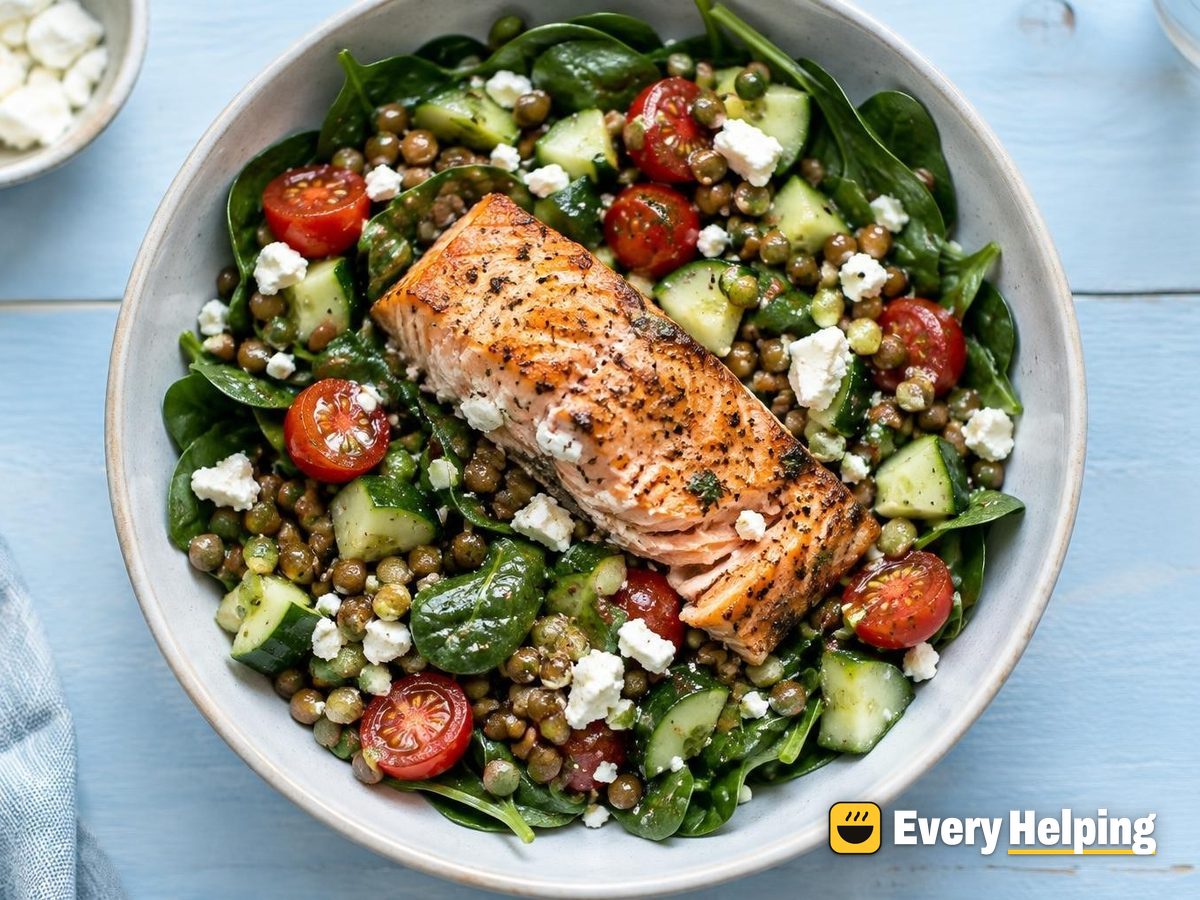Roasted Salmon Chopped Spinach Salad with Lentils
