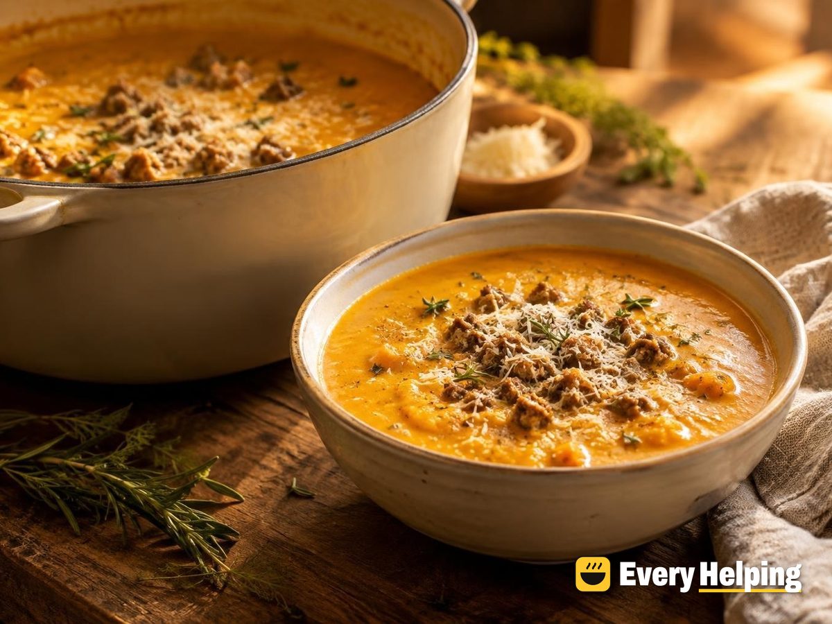 Creamy Coconut Butternut and Sausage-Spiced Pork Soup