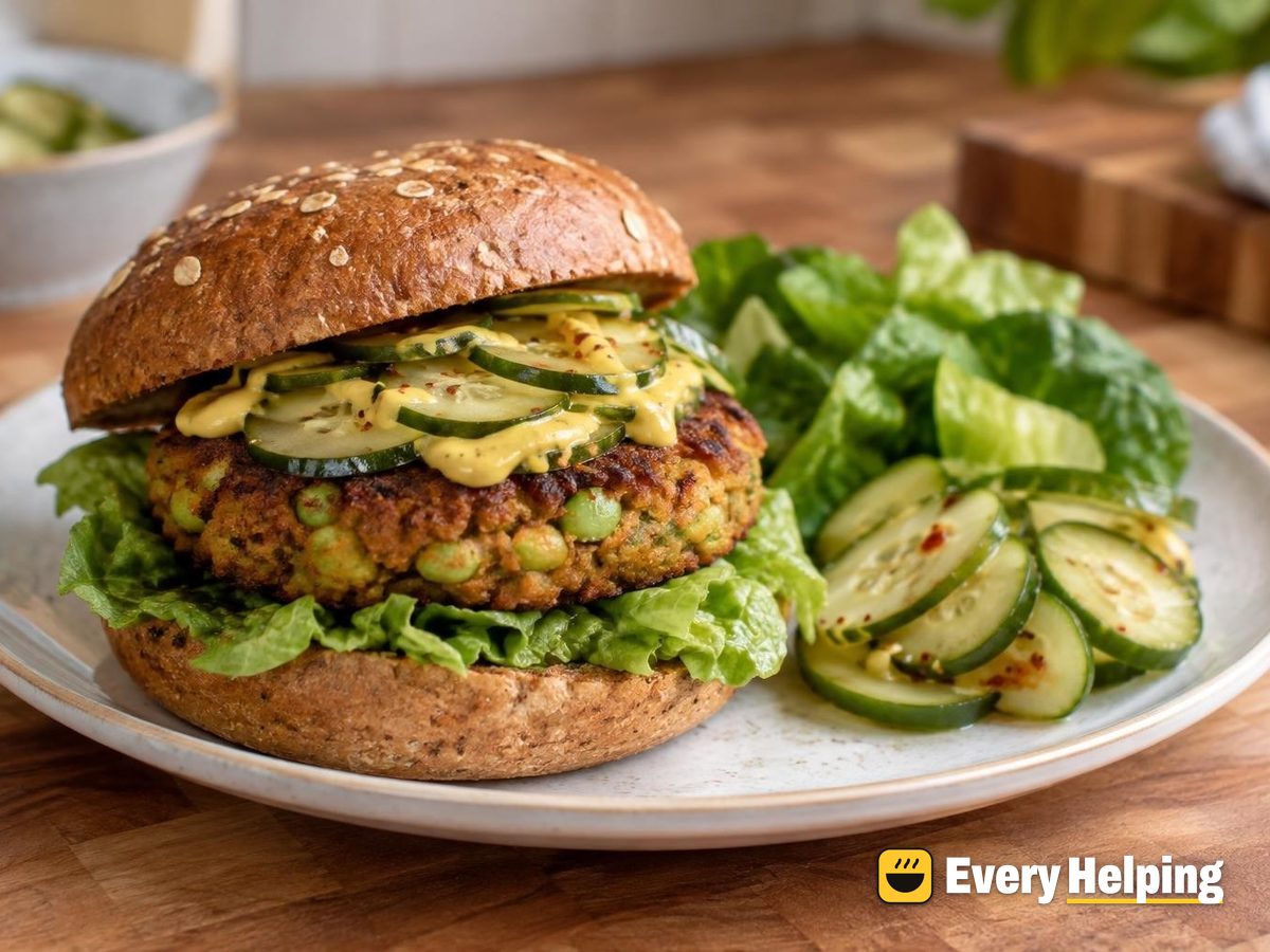 Crispy Tofu Edamame Burgers with Quick Pickles