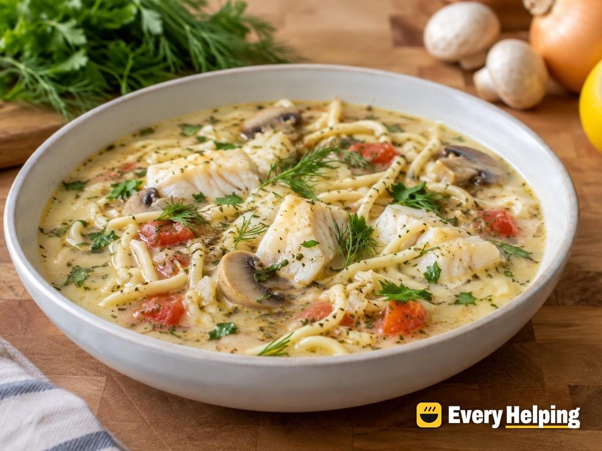 Lemony Cod, Mushroom and Coconut Noodle Soup