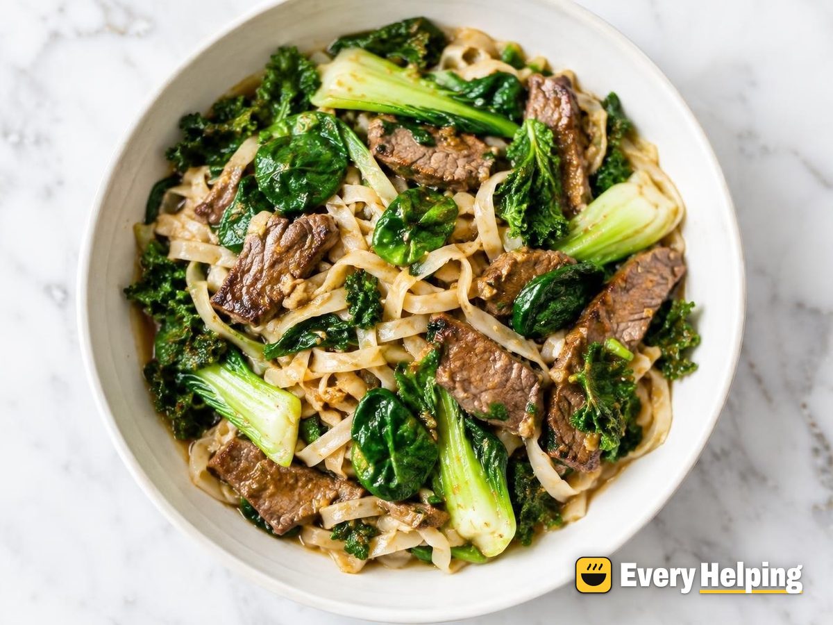 Ginger Garlic Sirloin Rice Noodles with Greens