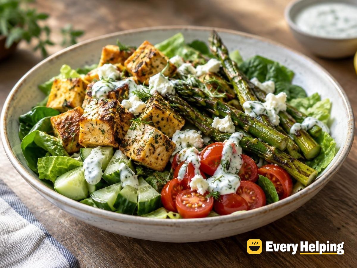 Oregano Tofu Greens Bowls with Herb Yogurt Sauce