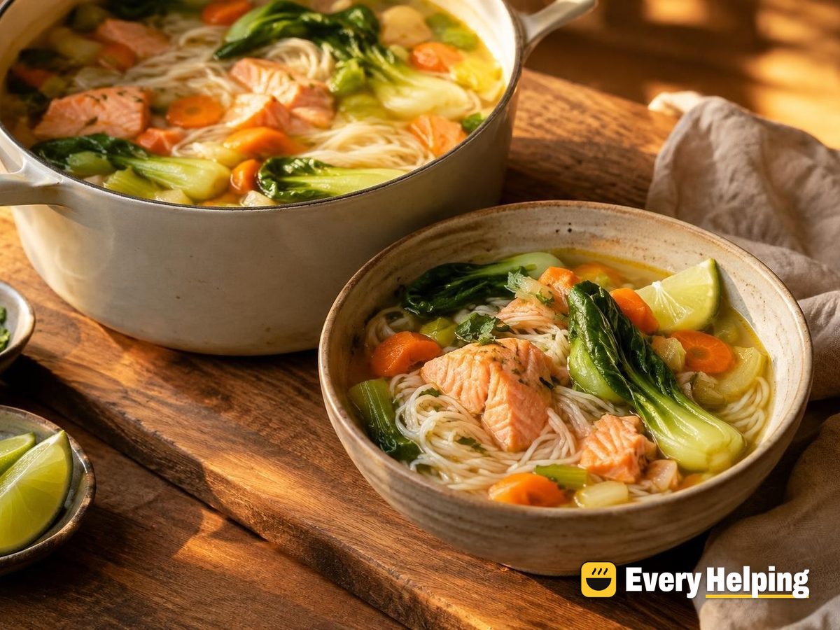 Ginger Salmon Rice Noodle Soup with Bok Choy
