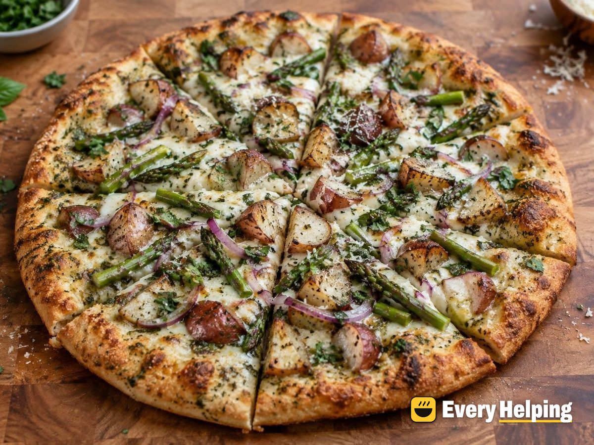 Basil Herb Oil Pizzas with Roasted Potato and Asparagus