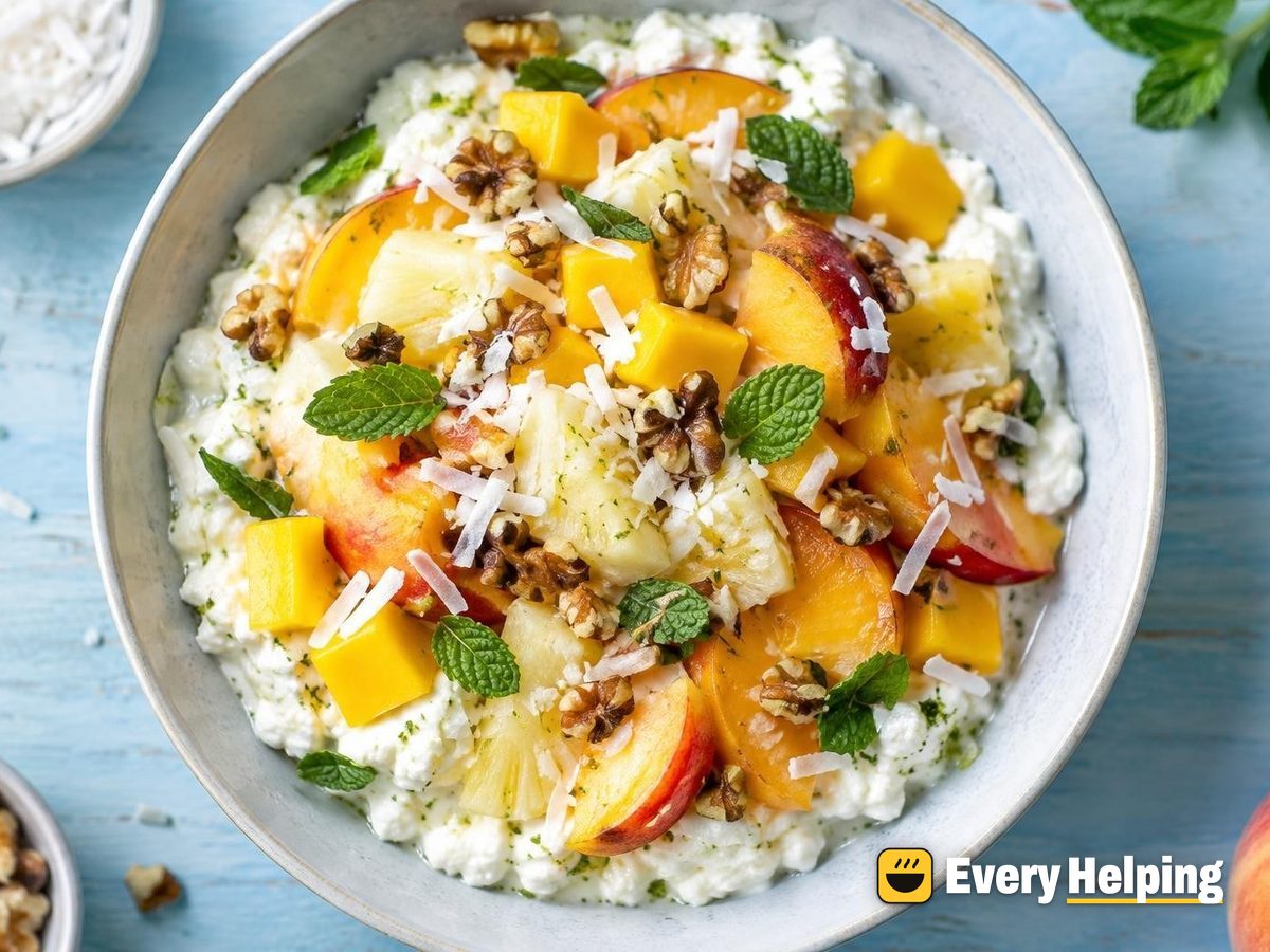 Tropical Peach Mango Coconut Cottage Cheese Parfait