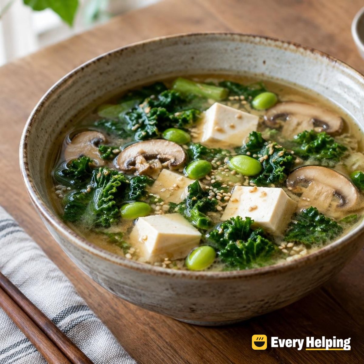 Miso Soup with Tofu, Kale and Mushrooms