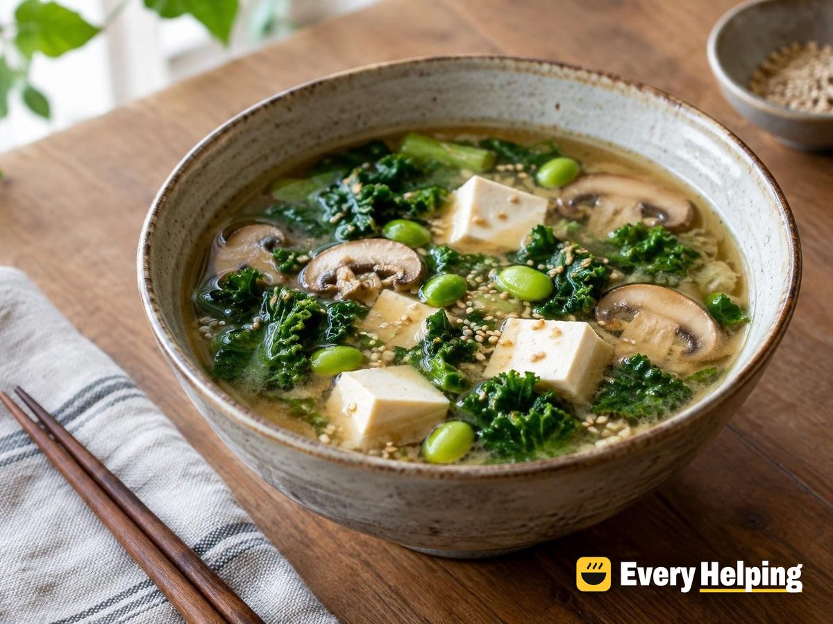 Miso Soup with Tofu, Kale and Mushrooms