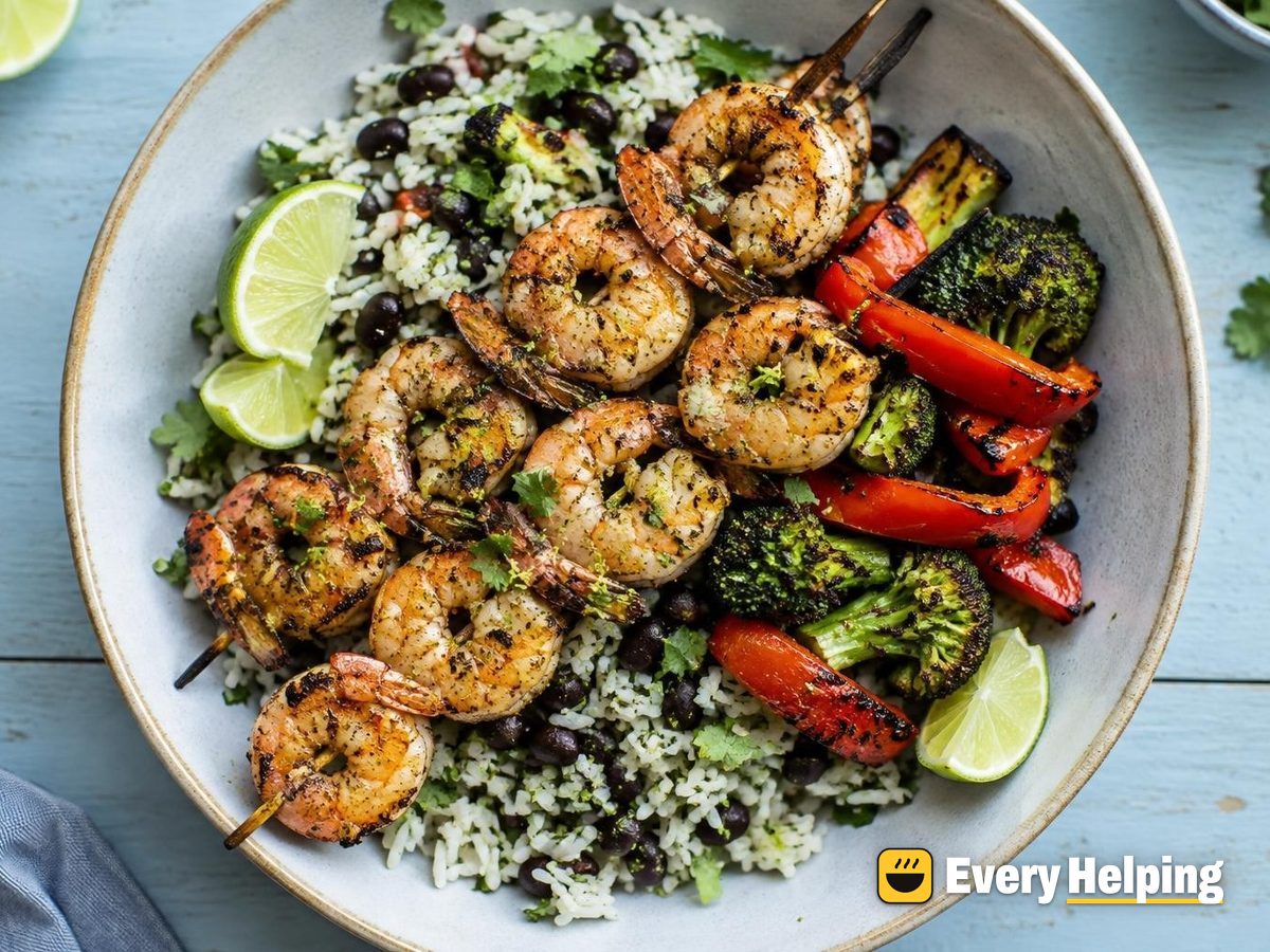 Lemon Pepper Shrimp Skewers with Cilantro Rice