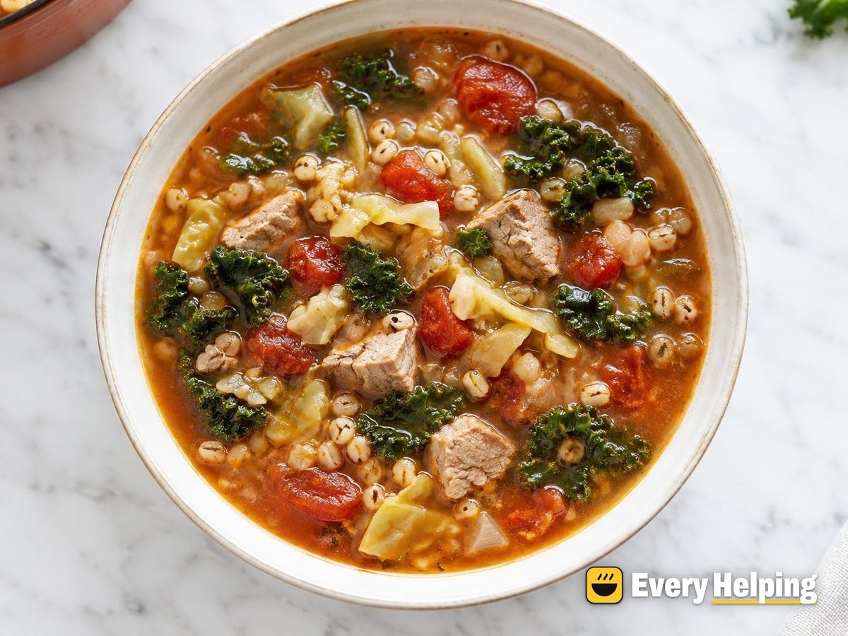 Pork, Cabbage and Kale Tomato Soup with Barley