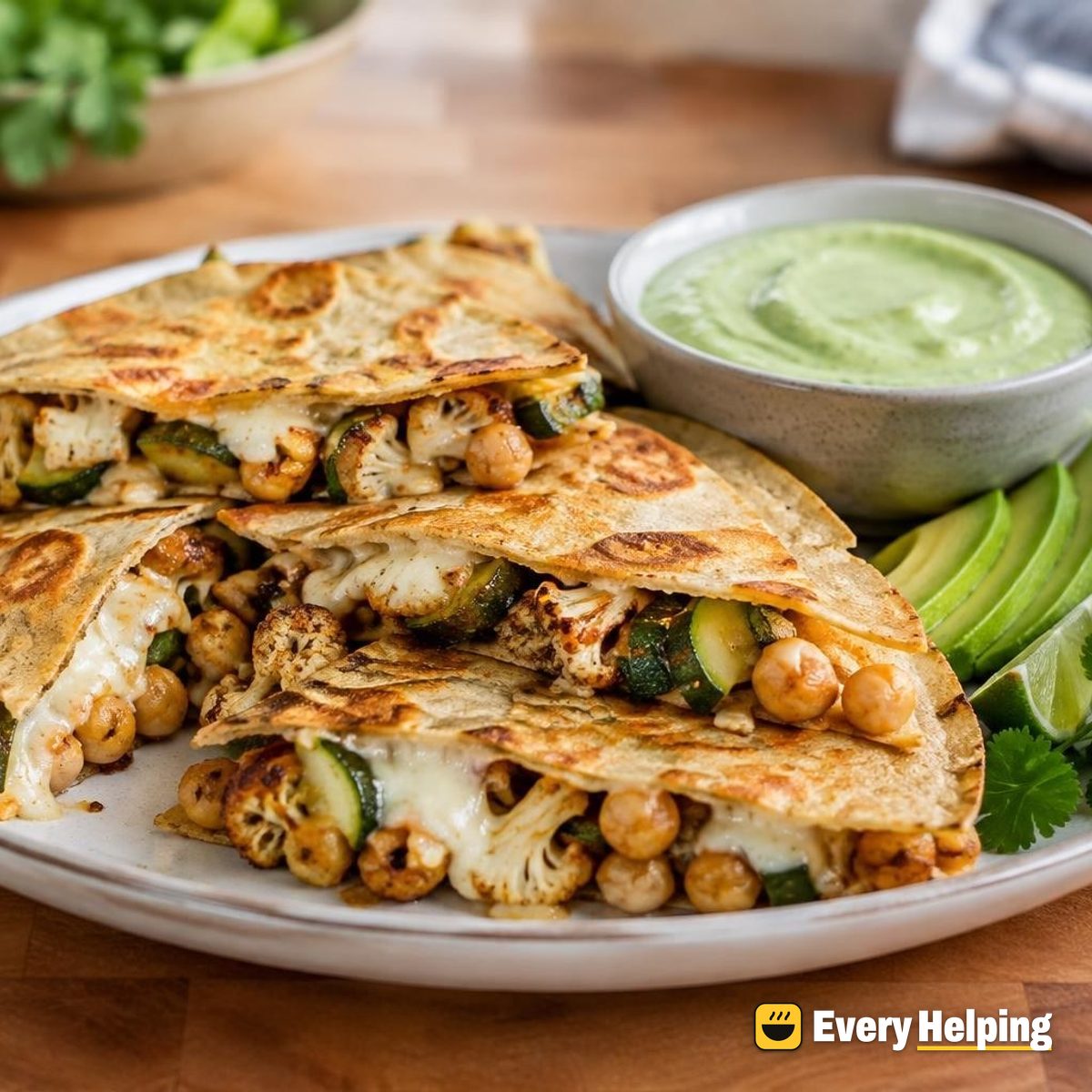 Roasted Cauliflower Zucchini Quesadillas, Avocado Crema
