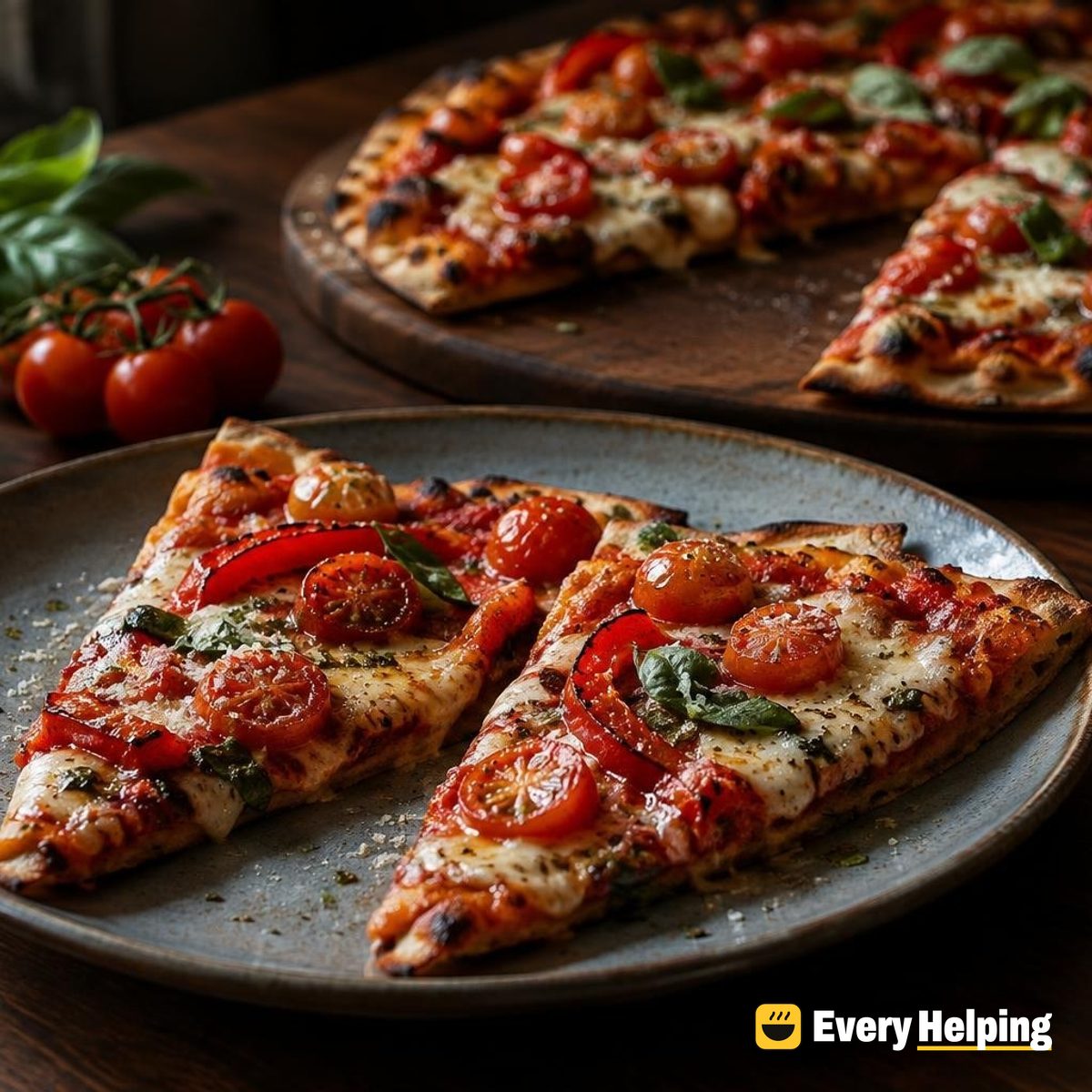 Roasted Red Pepper Cherry Tomato Thin-Crust Pizzas