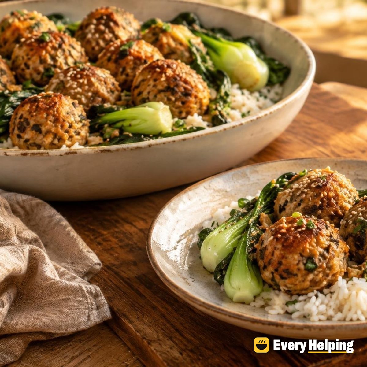 Ginger-Sesame Tofu Mushroom Balls with Rice