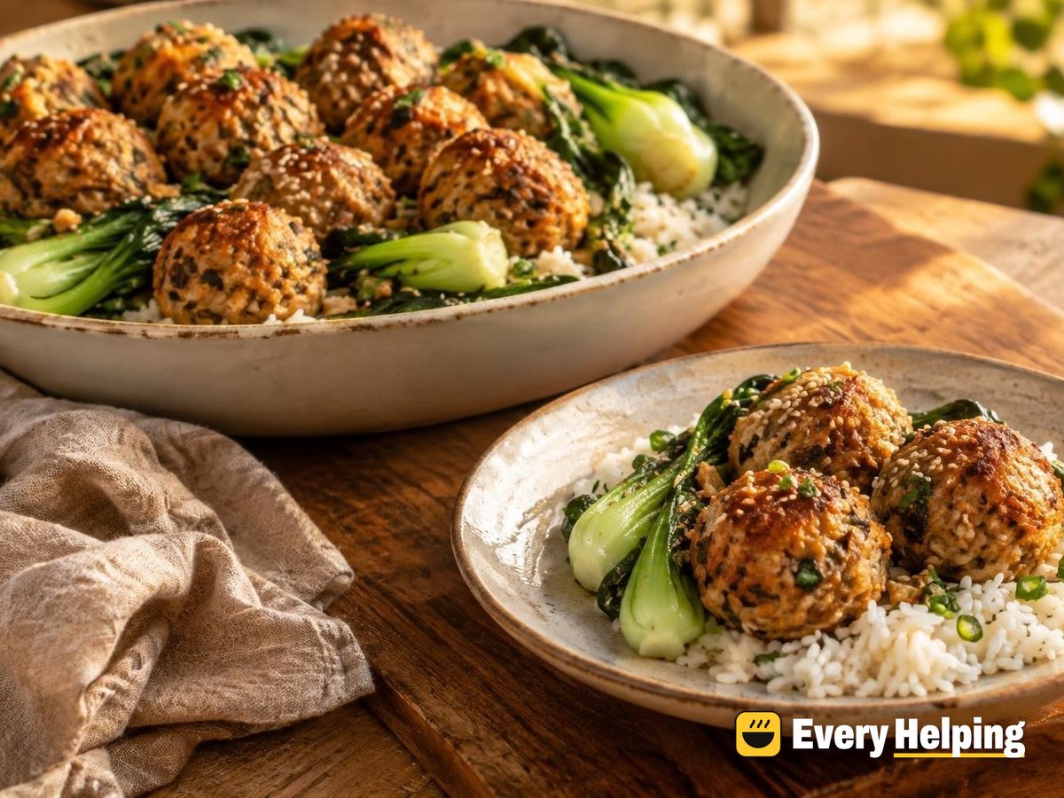 Ginger-Sesame Tofu Mushroom Balls with Rice