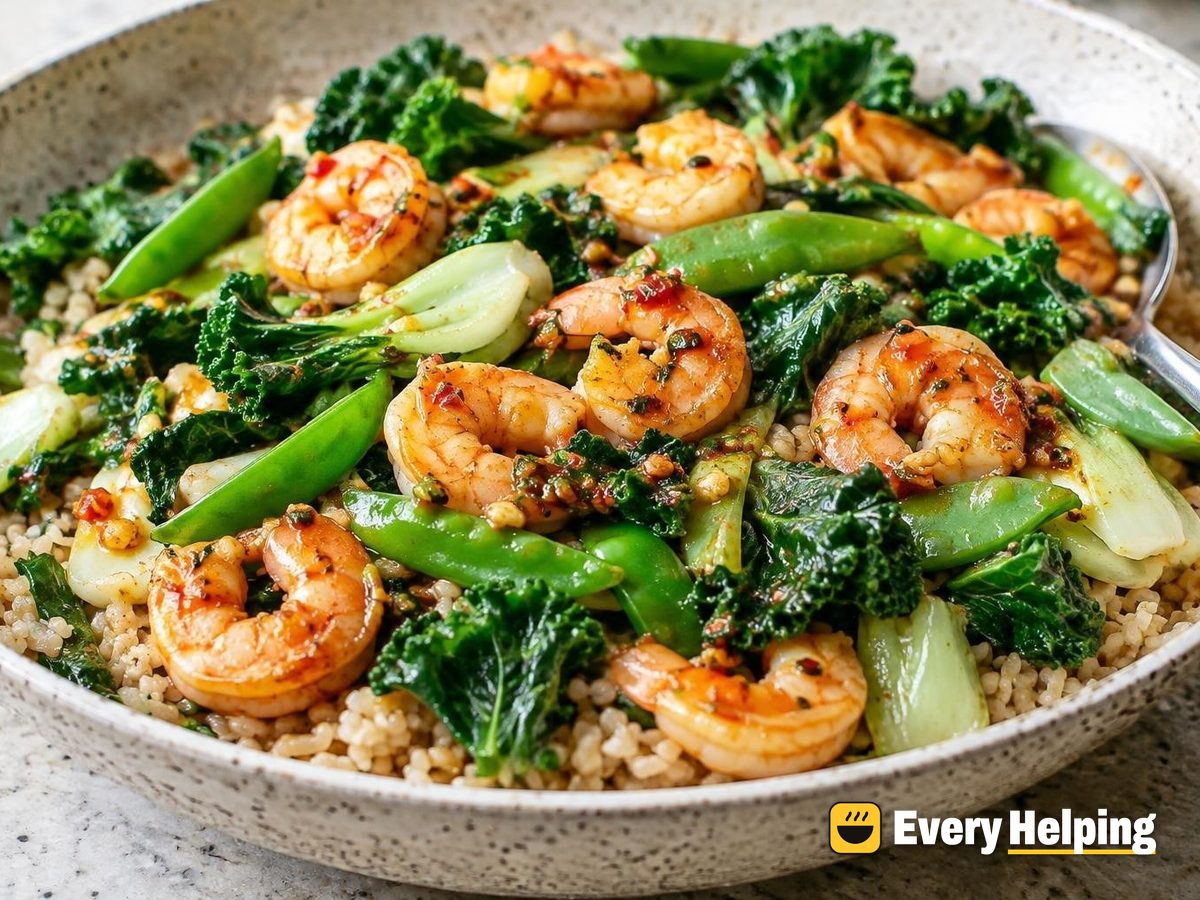Chili Garlic Shrimp with Bok Choy and Kale