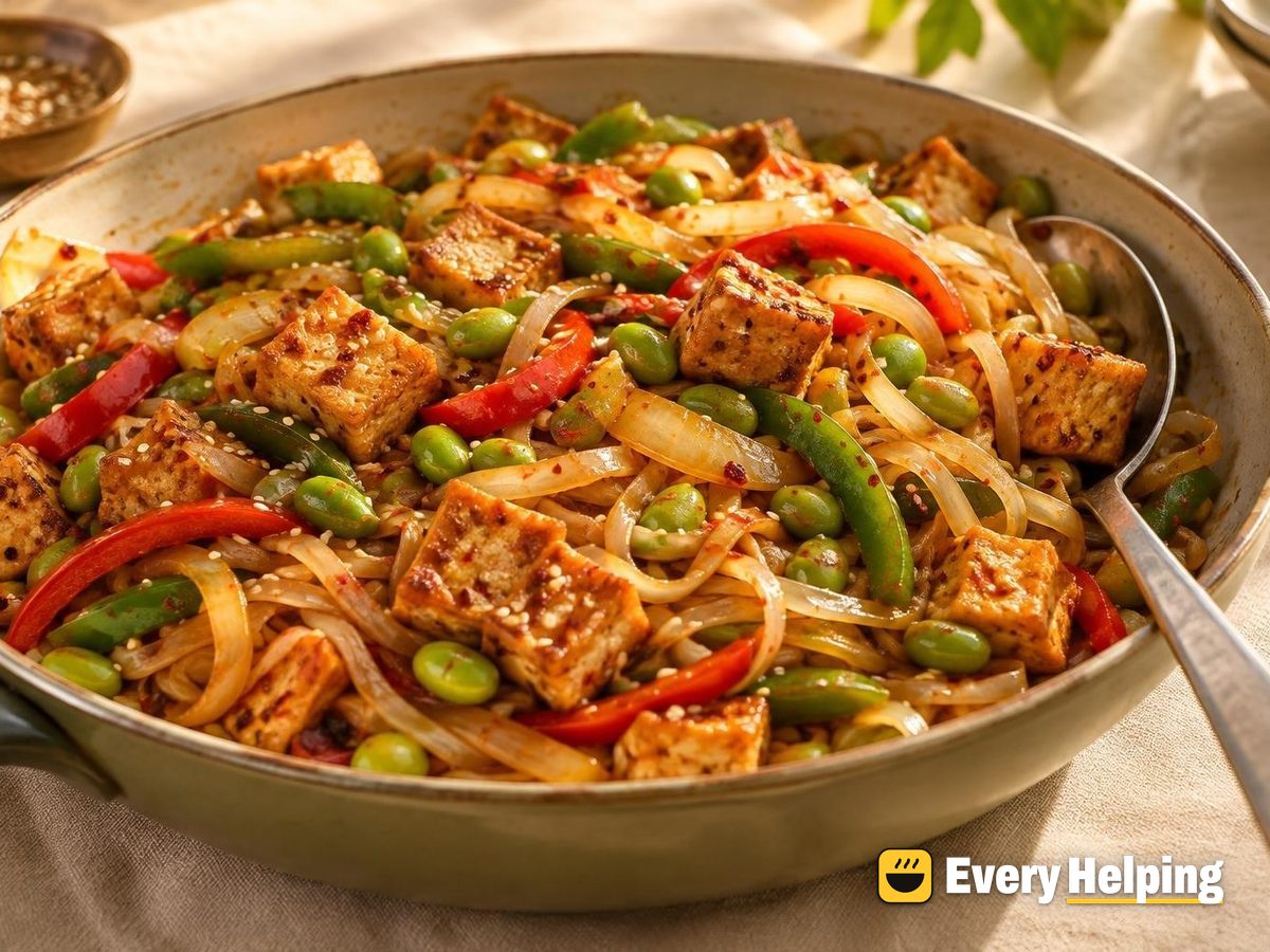 Crispy Chili Garlic Tofu Noodles with Peppers