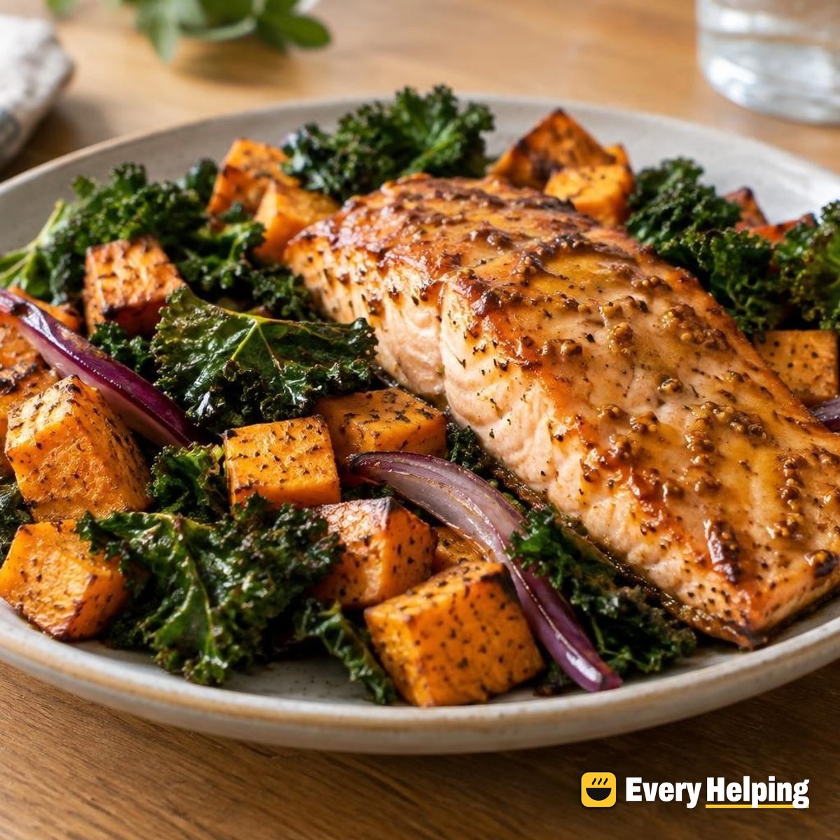 Maple-Dijon Salmon with Sweet Potatoes and Kale