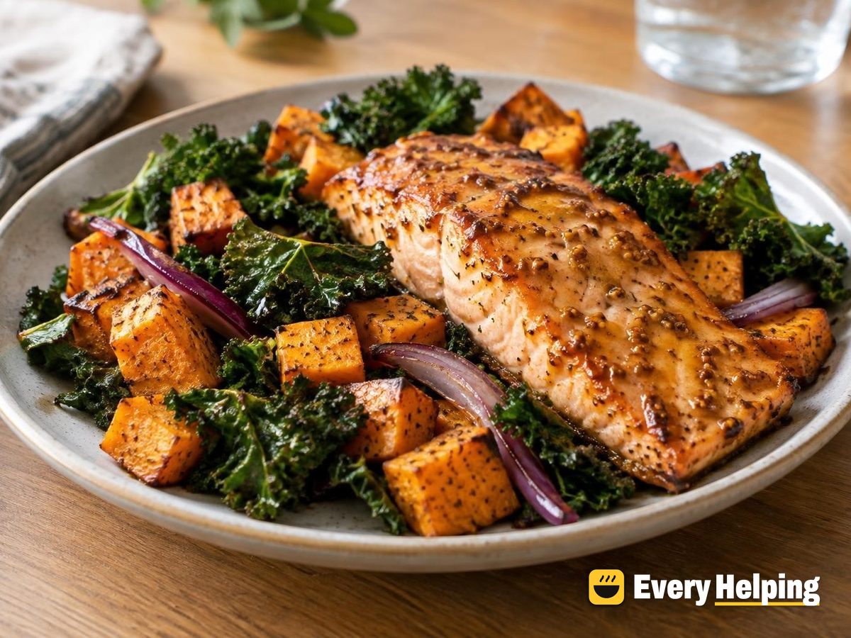 Maple-Dijon Salmon with Sweet Potatoes and Kale