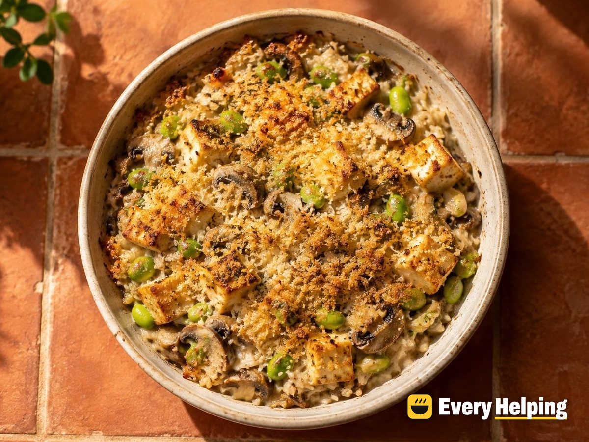 Tofu, Edamame and Mushroom Rice Gratin