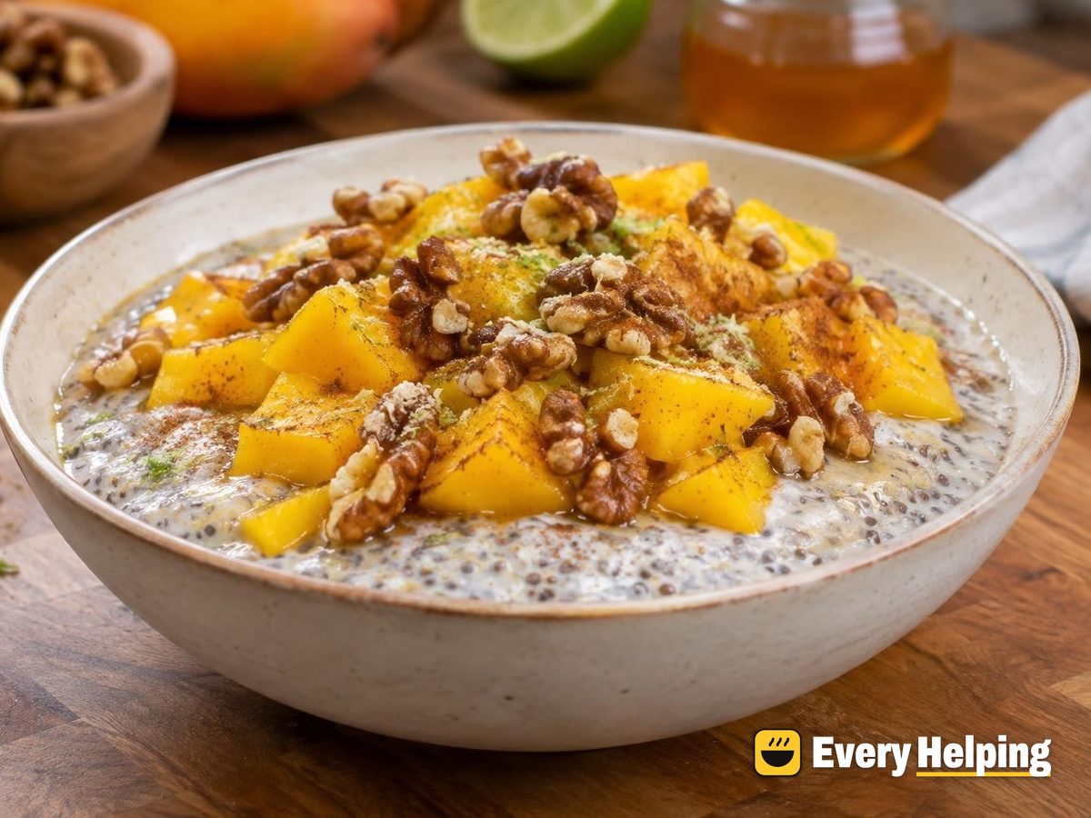 Cinnamon Mango Coconut Chia Pudding with Walnuts