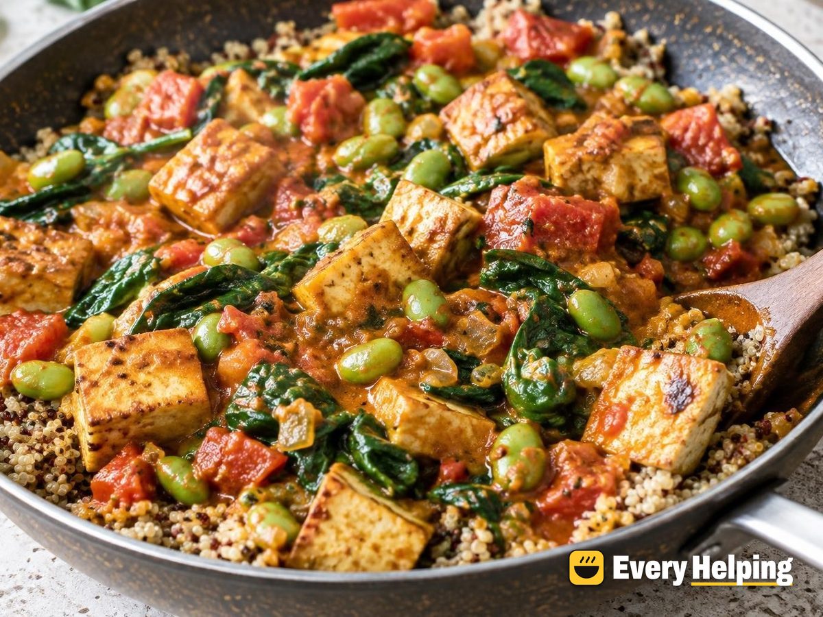 Seared Tofu Edamame Tomato Curry with Quinoa