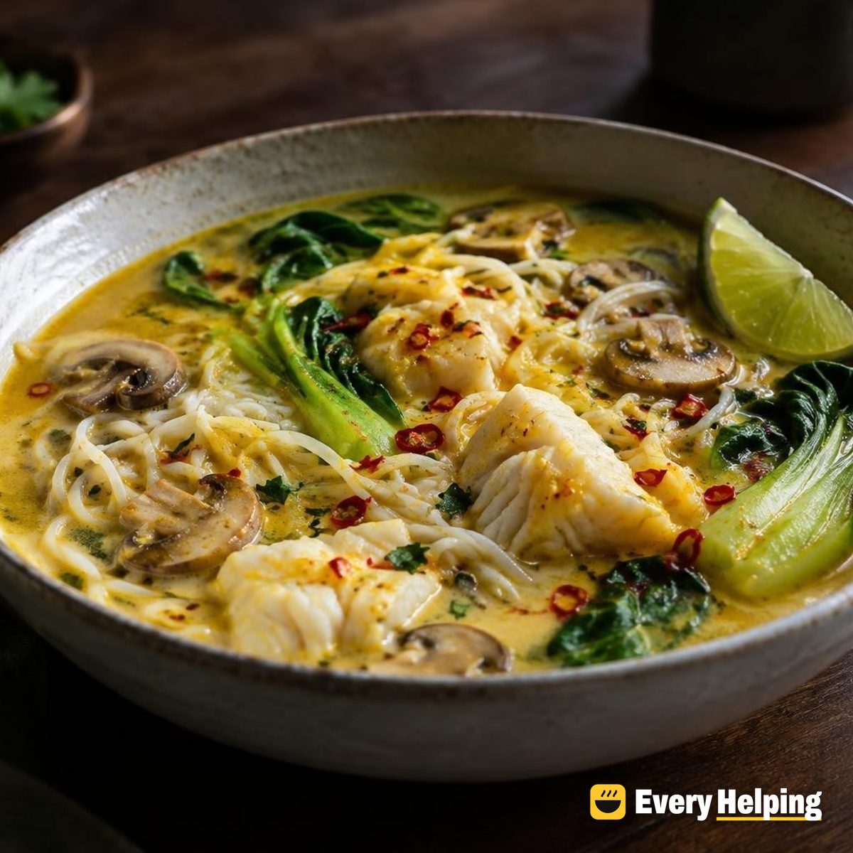 Turmeric Coconut Cod Soup with Mushrooms