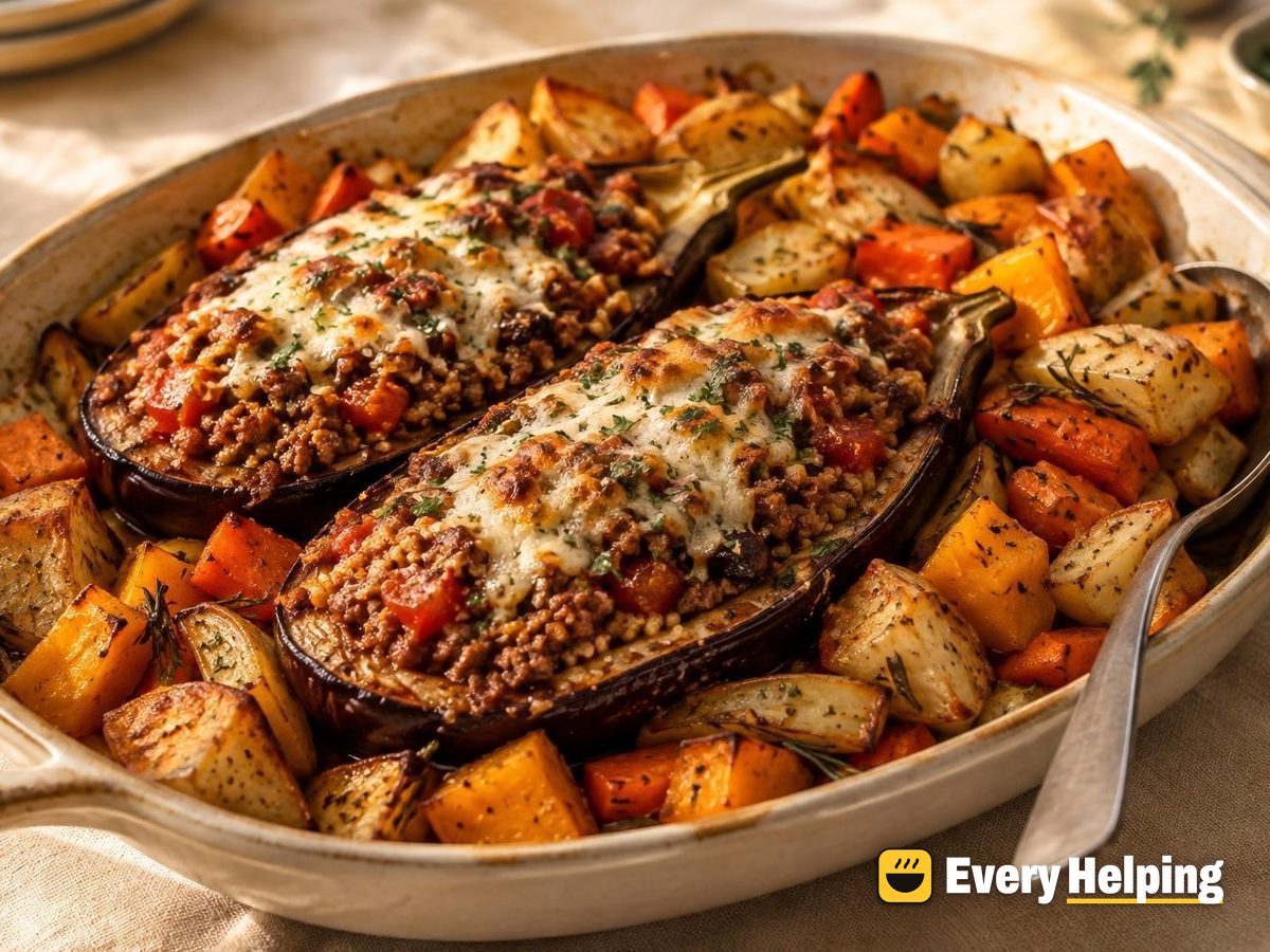 Garlic Herb Beef-Stuffed Eggplant with Roasted Roots