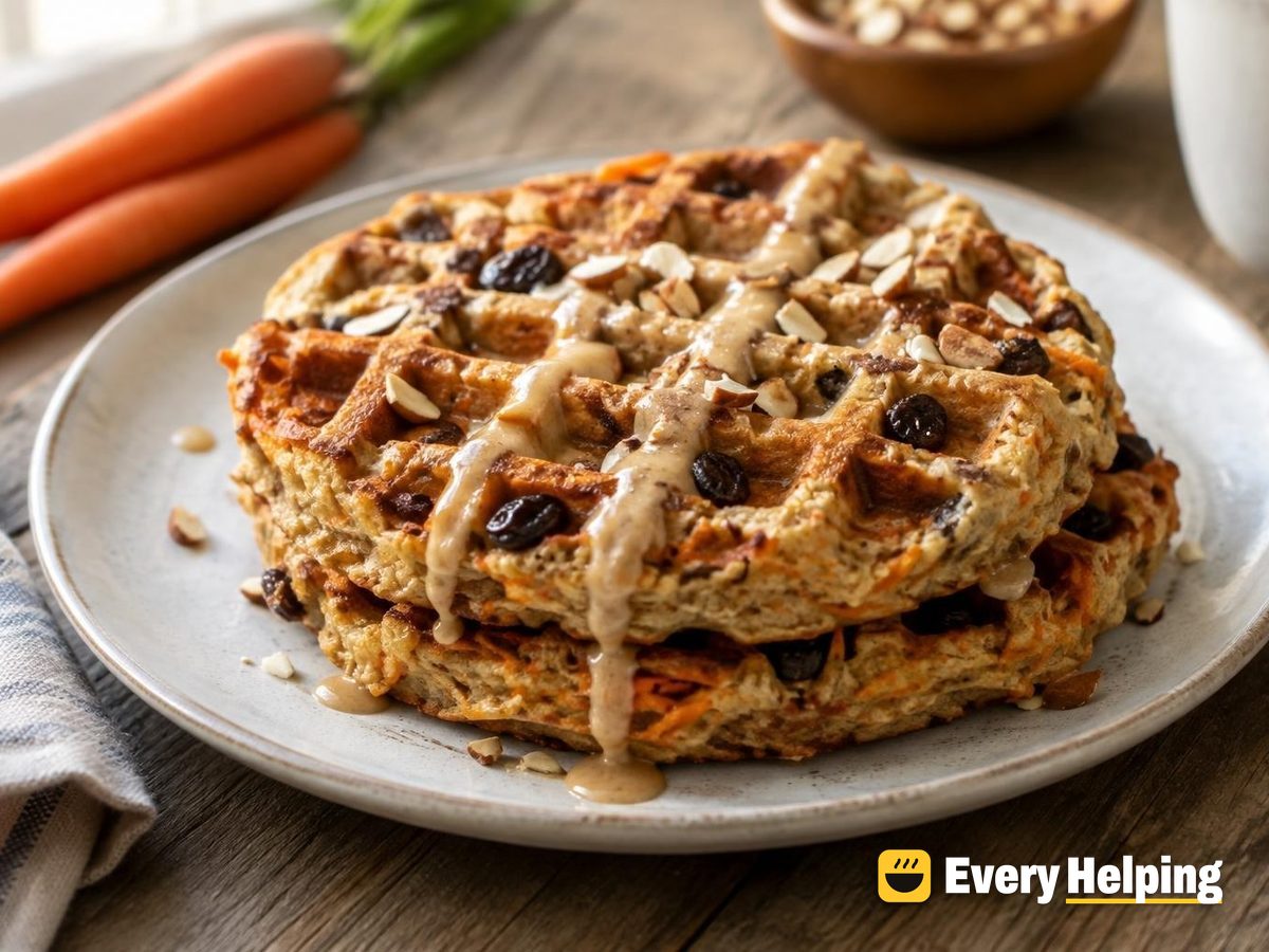 Carrot Cake Oat Waffles with Maple-Almond Drizzle