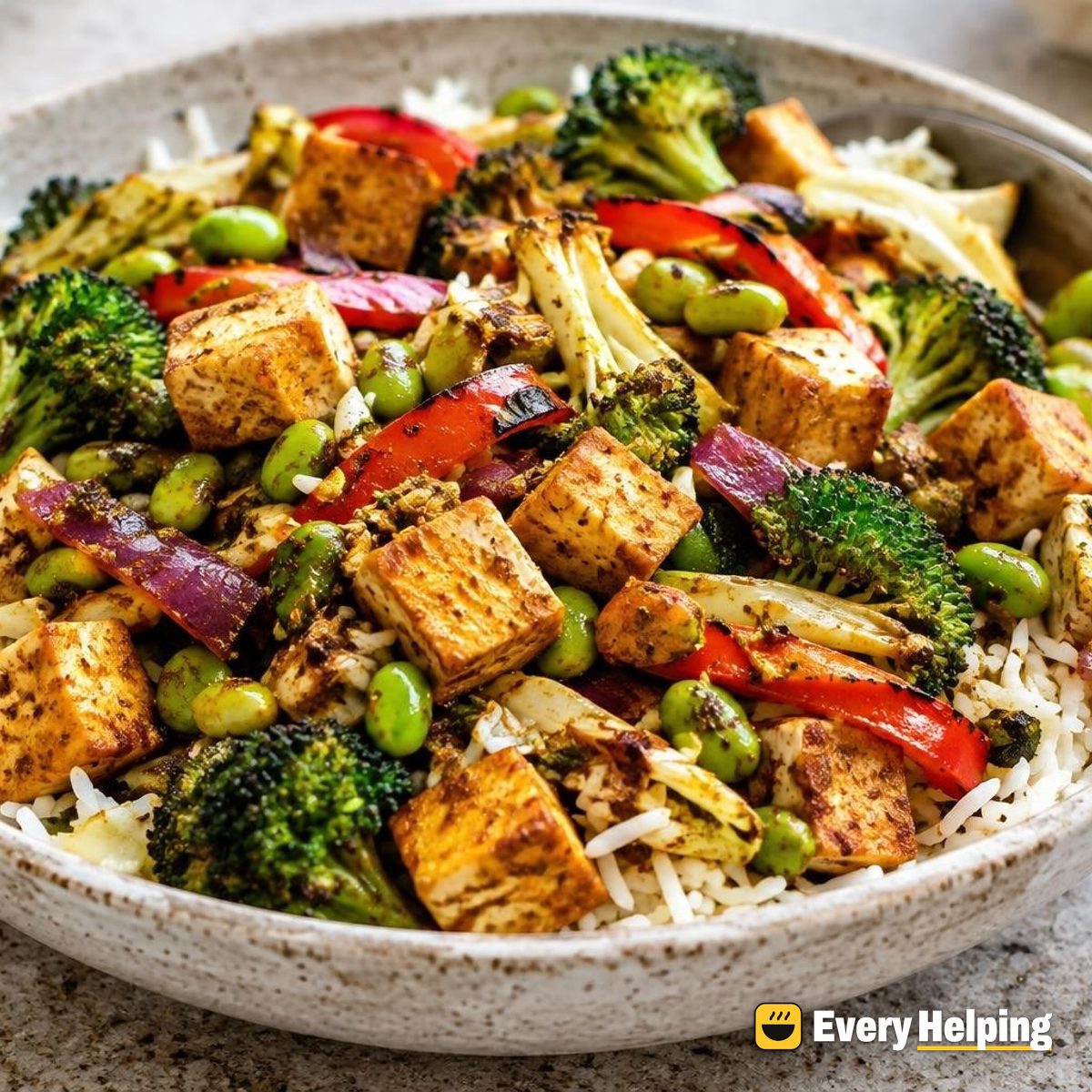 Crispy Tofu and Edamame Jalfrezi with Rice