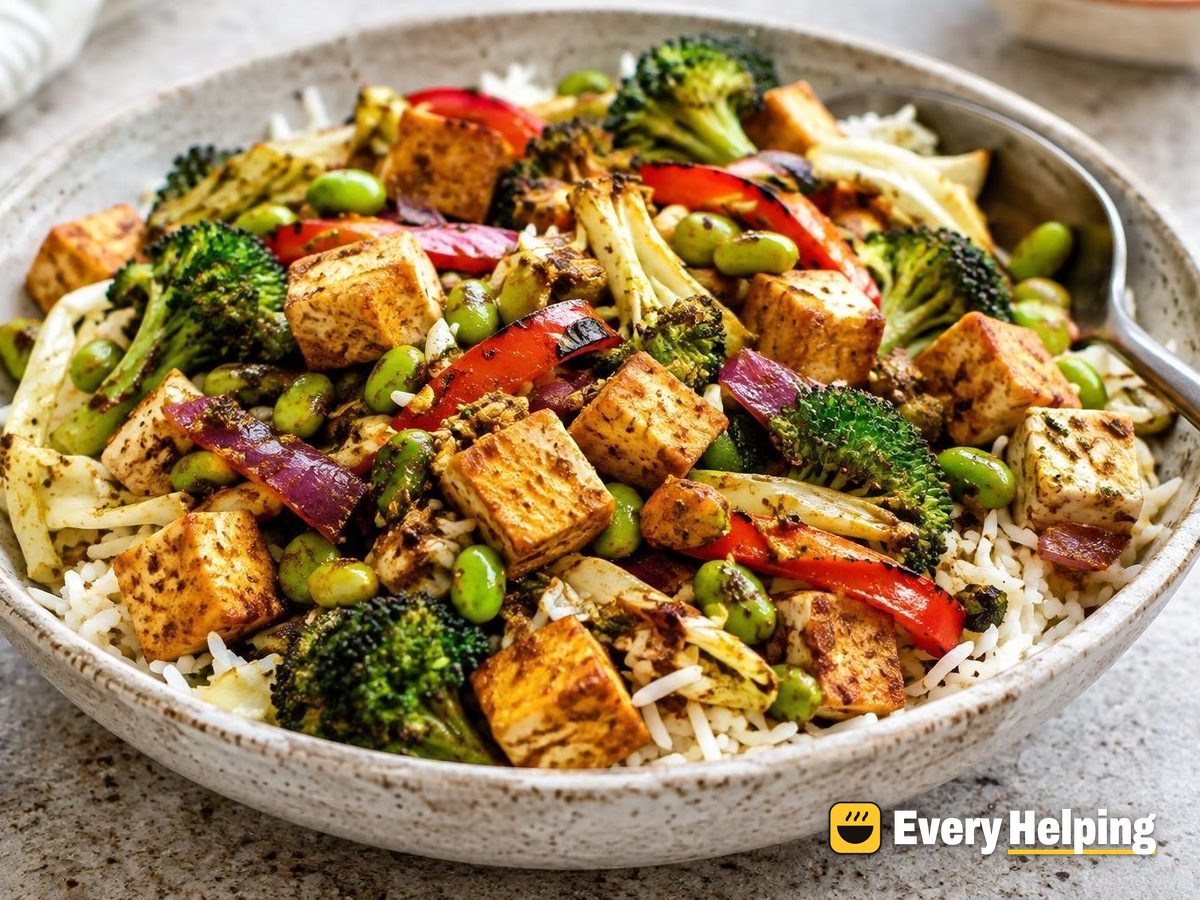Crispy Tofu and Edamame Jalfrezi with Rice
