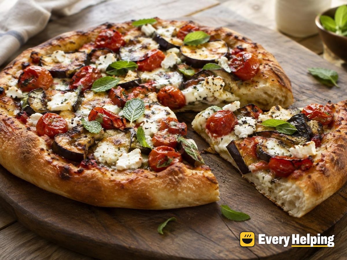 Roasted Eggplant, Tomato and Feta Pan Pizzas