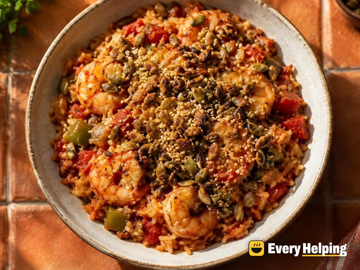 Shrimp Creole Rice Bake with Pepita Crust