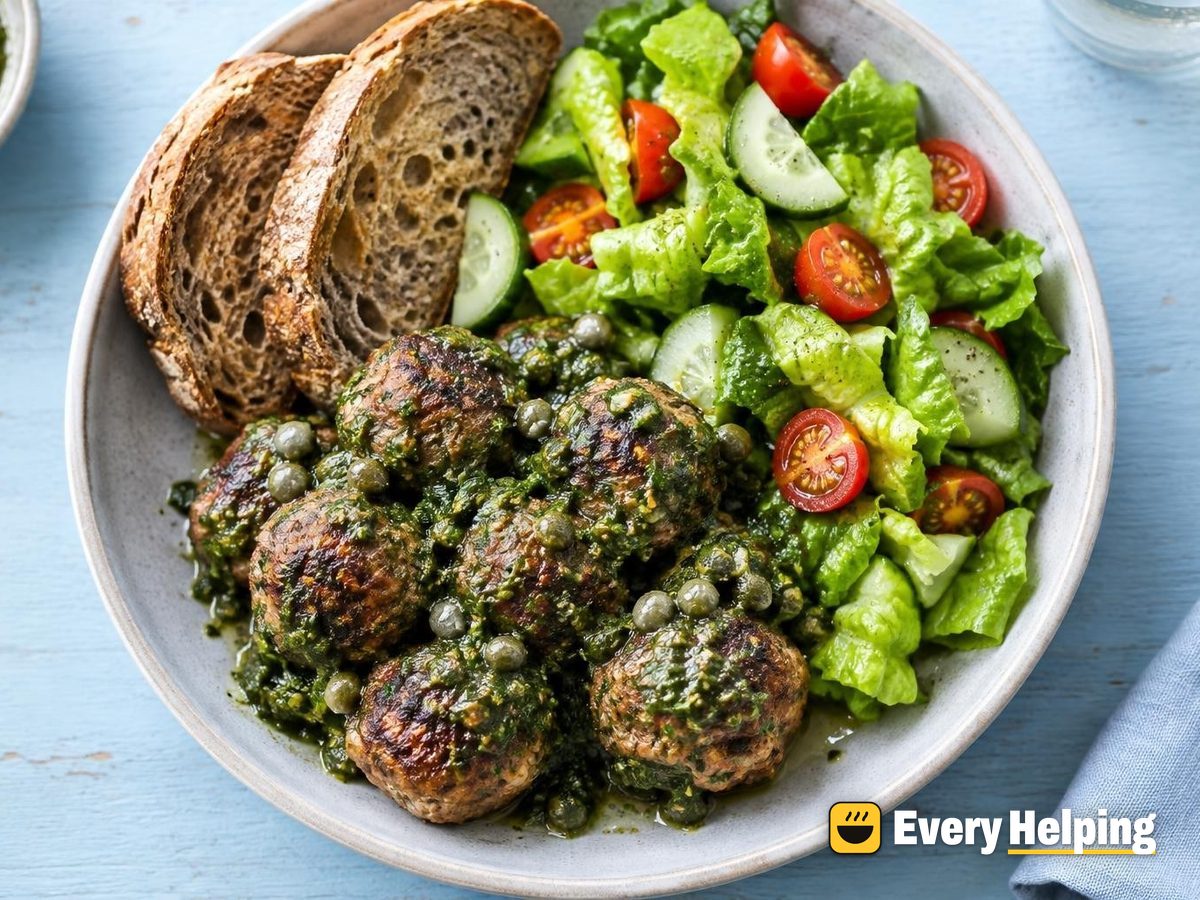 Skillet Beef and Pork Meatballs with Salsa Verde