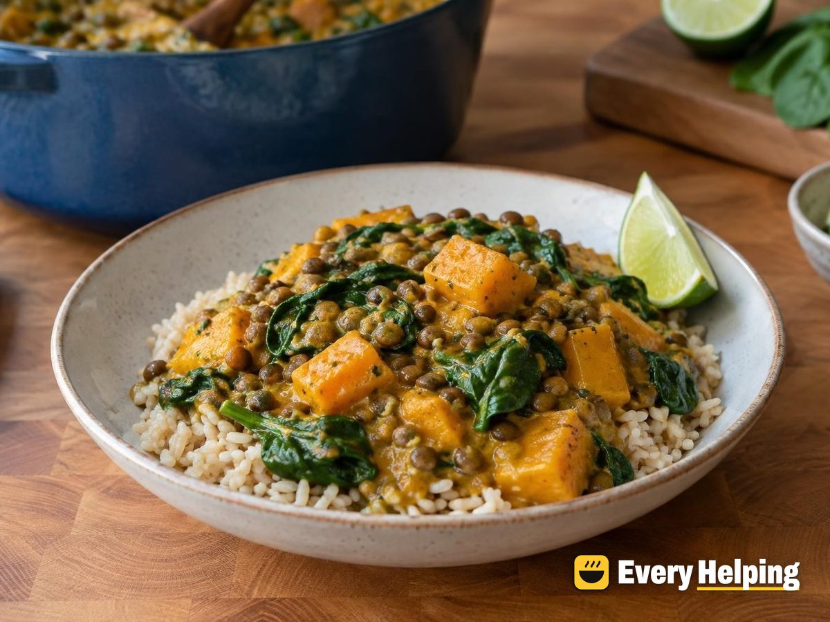 Coconut Brown Lentil Curry with Squash and Spinach