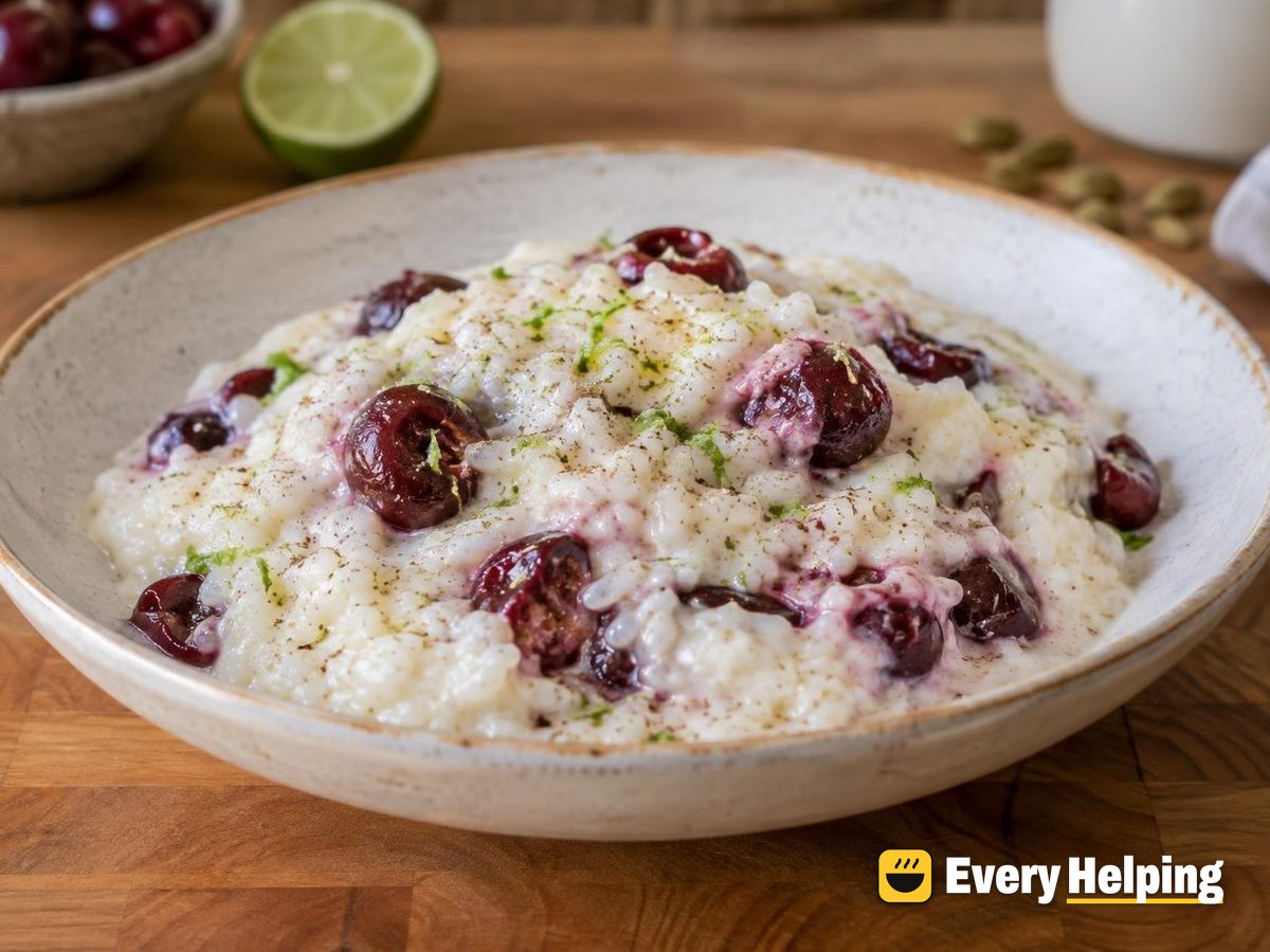 Chilled Coconut Cardamom Rice Pudding with Cherries