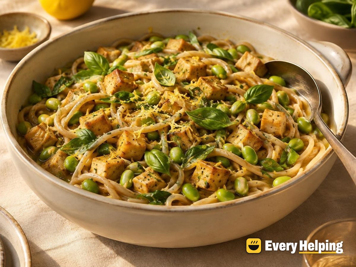 One-Pot Garlic Broth Linguine with Tofu and Edamame