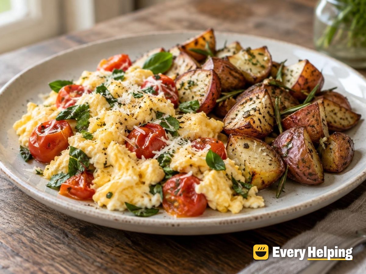 Tomato-Basil Scramble with Rosemary Roasted Potatoes