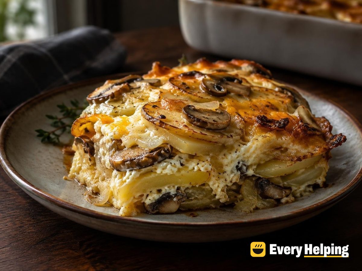 Cheesy Potato Mushroom Gratin Breakfast Bake
