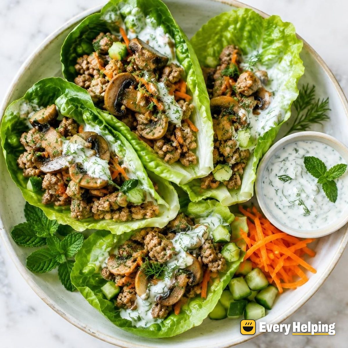 Garlic Pork Lettuce Wraps with Mint Yogurt