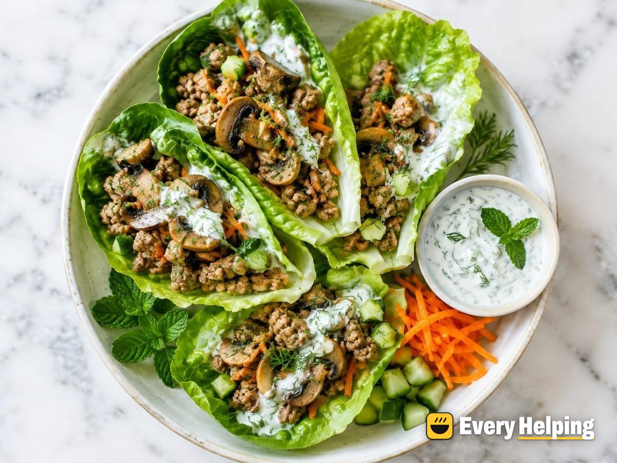 Garlic Pork Lettuce Wraps with Mint Yogurt