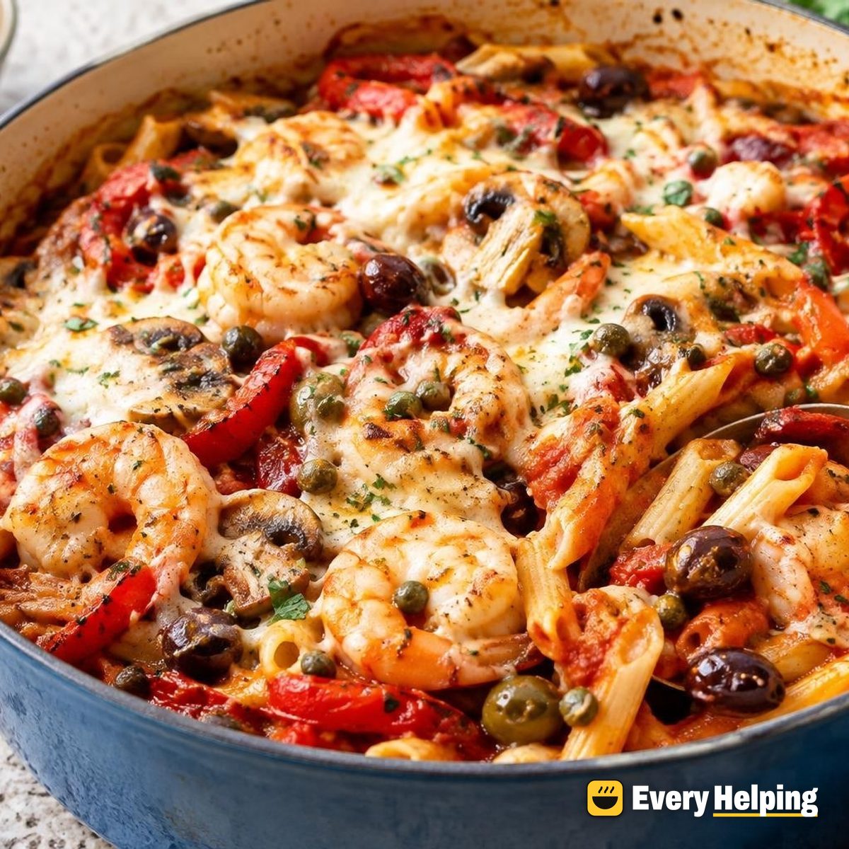 Baked Roasted Pepper Shrimp Pasta with Olives
