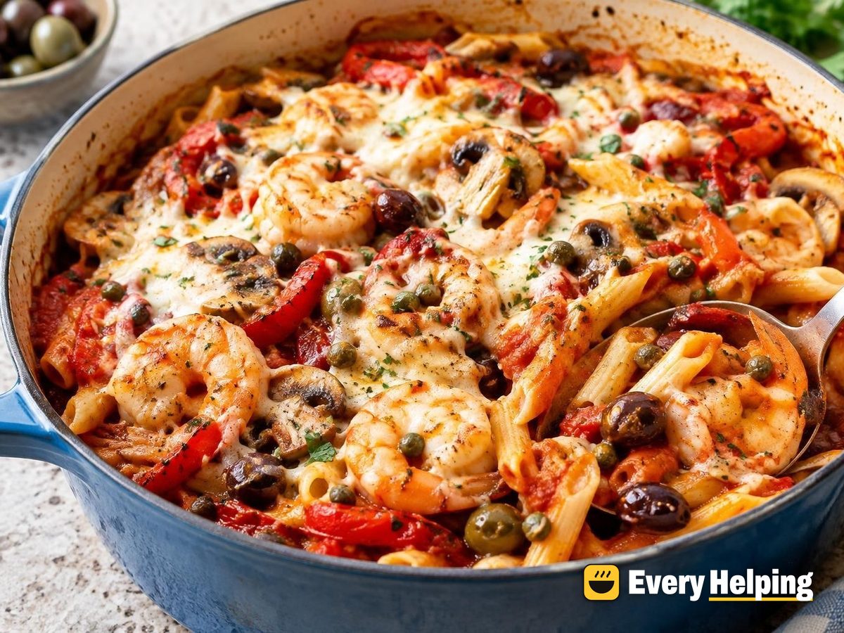 Baked Roasted Pepper Shrimp Pasta with Olives