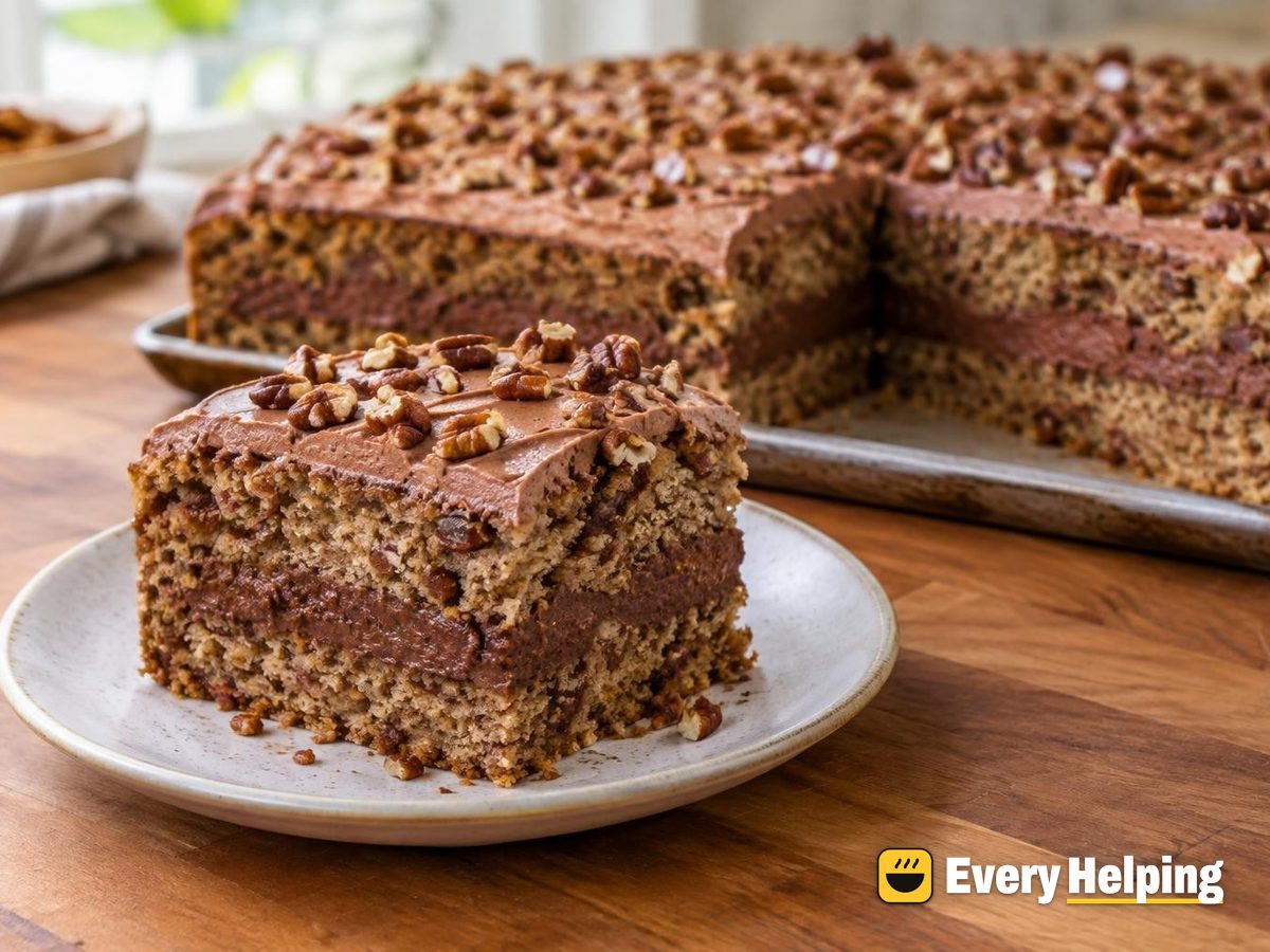 Brown Butter Pecan Sheet Cake with Cocoa Filling