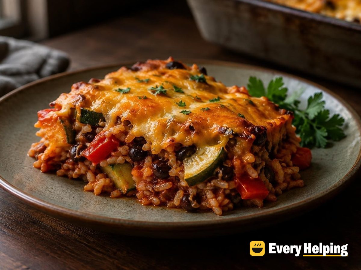 Cheesy Tomato Rice Bake with Zucchini and Peppers