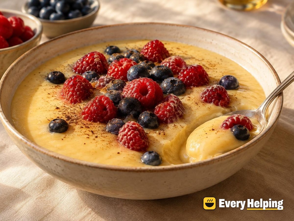 Silky Cinnamon Egg Custard Pudding with Raspberries