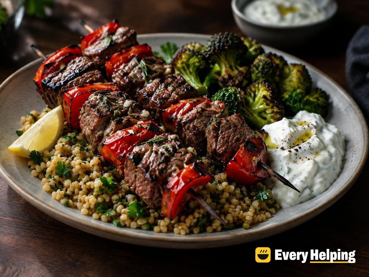 Garlic-Rosemary Beef Sirloin Skewers with Bulgur