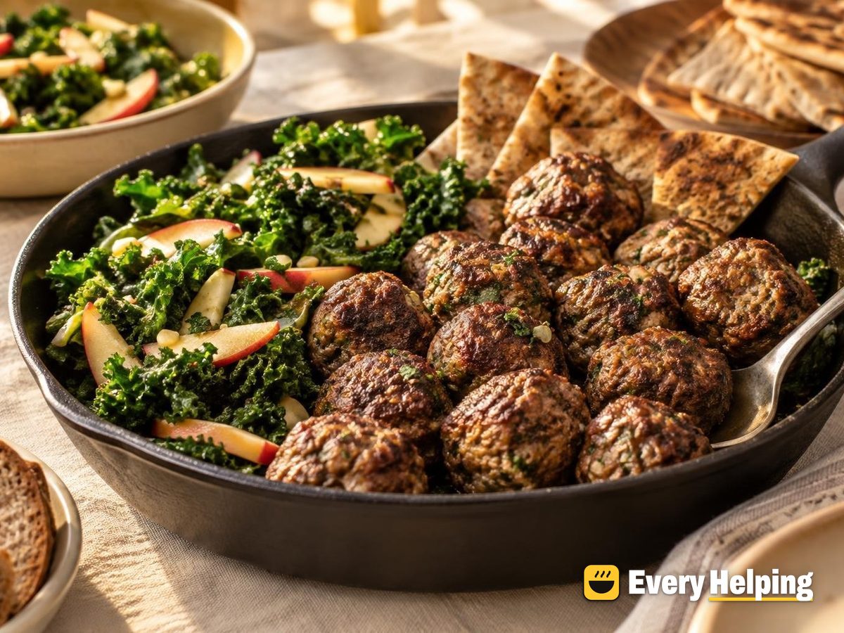 Skillet Beef and Pork Meatballs with Kale Salad