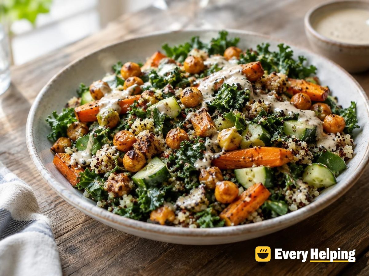 Crispy Chickpea Quinoa Kale Salad with Tahini