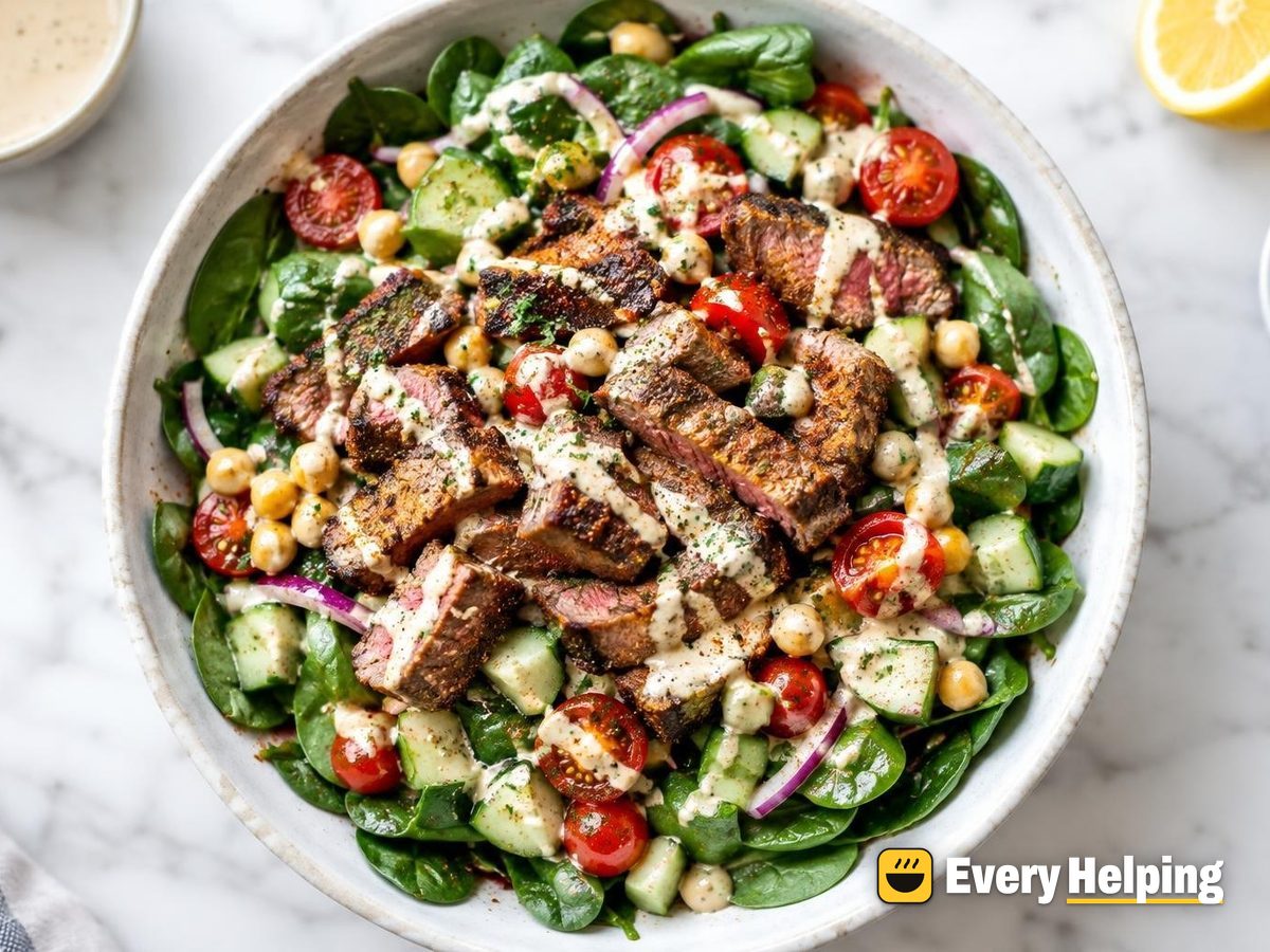 Spiced Sirloin Chopped Spinach Salad with Tahini