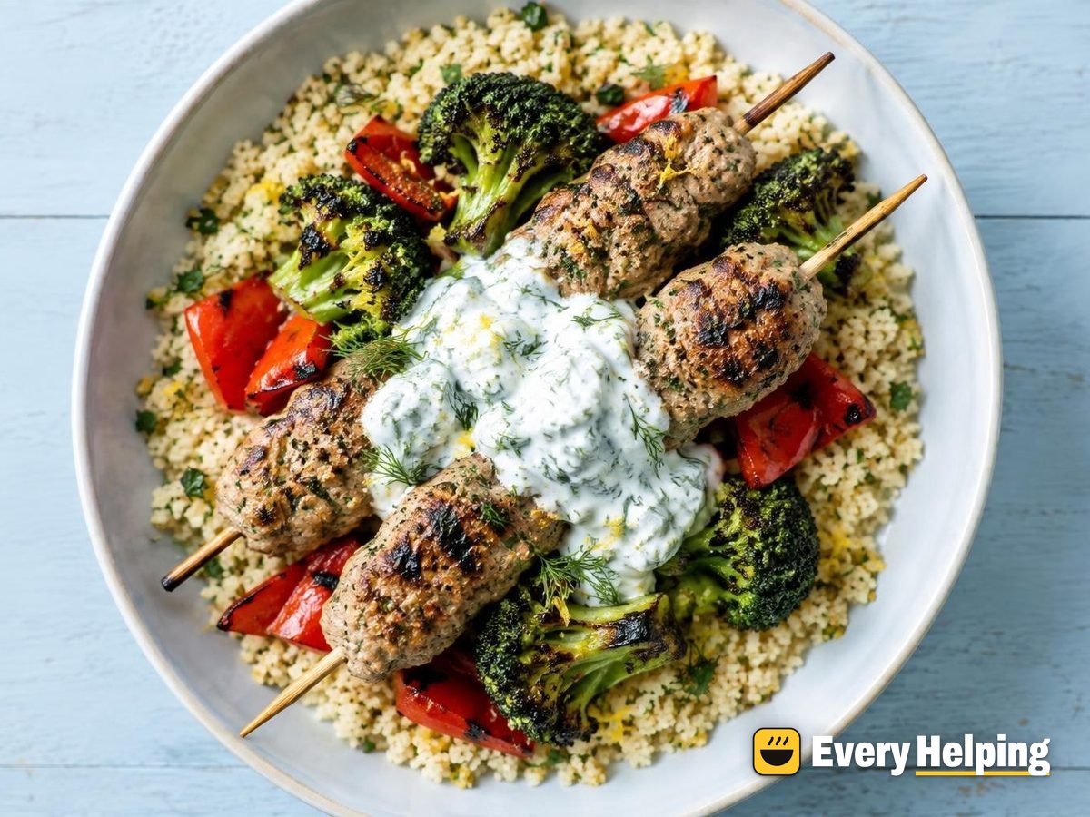 Lemon Pepper Turkey Kofta Skewers with Couscous