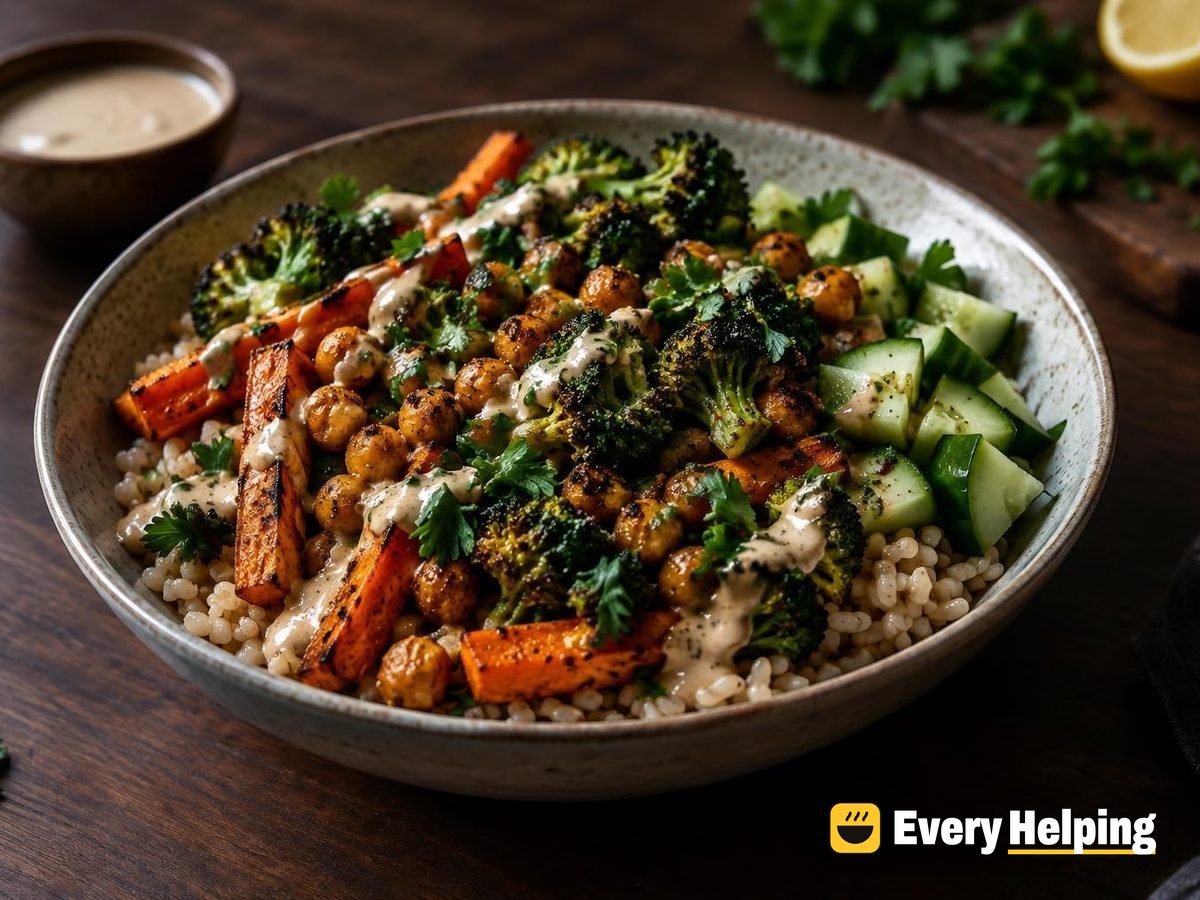 Roasted Carrot, Broccoli and Chickpea Tahini Bowls